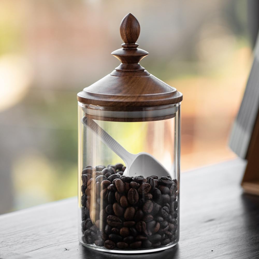 Glas-Kaffeebohnen-Glas, luftdichter Retro-Holzdeckel, transparenter Behälter mit Löffel, Küchen-Aufbewahrungsbehälter für Tee, Gewürze und mehr, 550 ml