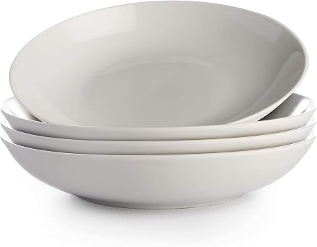 White Pasta Bowls - Set of 4 | Porcelain Serving Dishes | Soup & Cereal Bowl Set | Stackable Bowls | Dishwasher, Oven & Freezer Safe Dinnerware | M&W