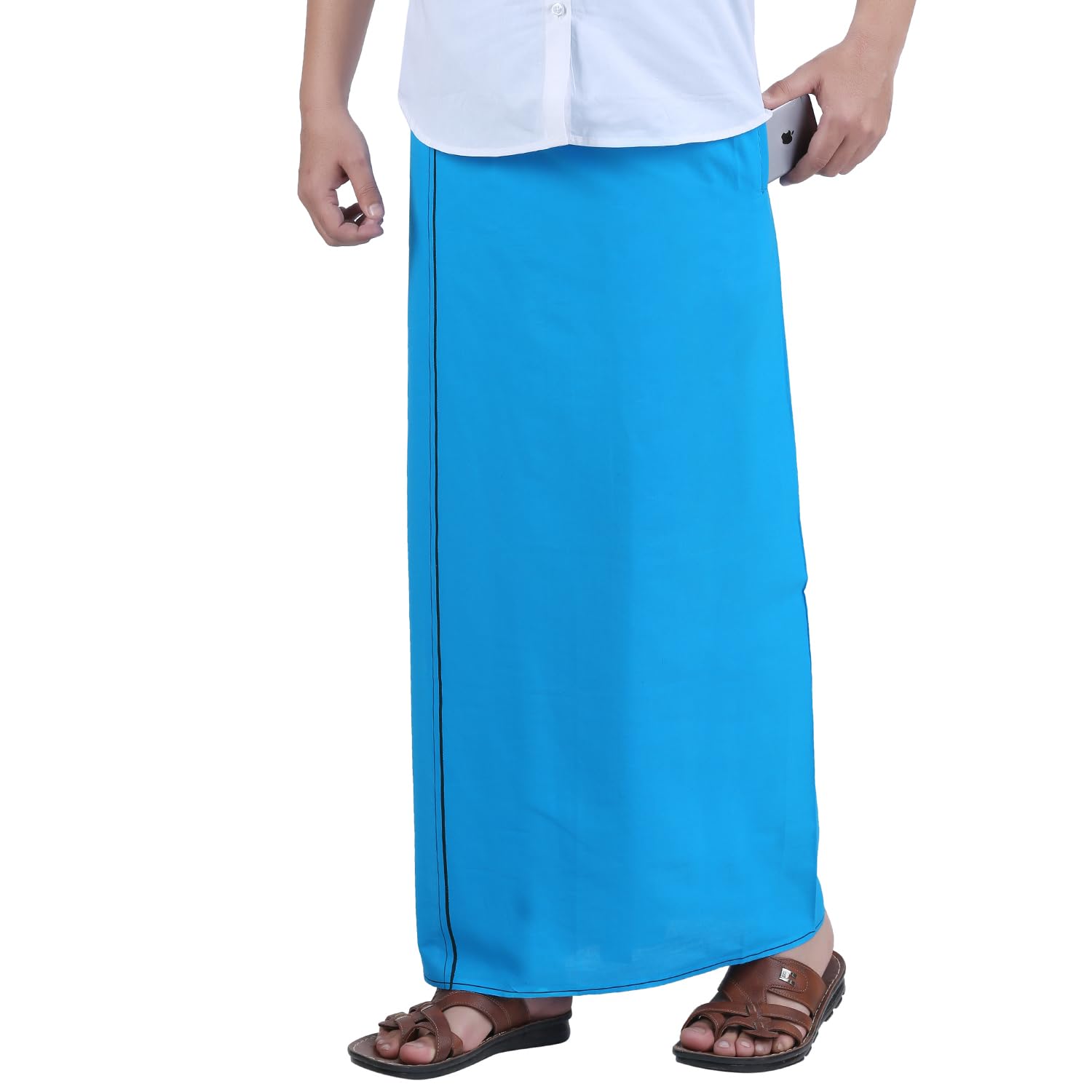 Prakasam Cotton Mens Sky Blue Colour Velcro Pocket Single Dhoti (Roja-Sky Blue) Size -Medium (Hip Size 34 To 40)