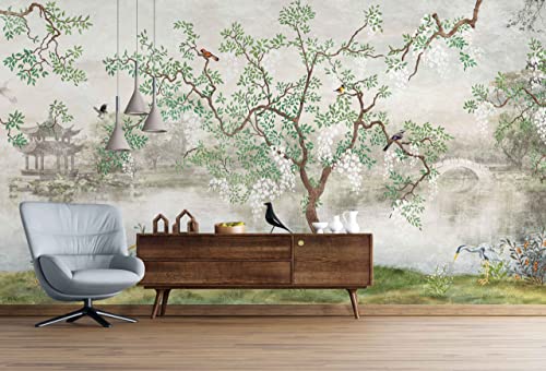 Myphotostation Japanese Garden View Peel and Stick Wallpaper Removable Self Adhesive Tree by The Lake Misty Landscape Tree with Birds in Wallpaper 75W x 49H Inches