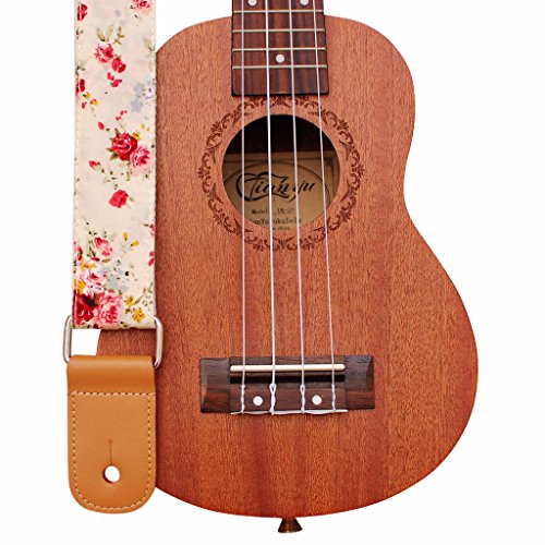 MUSIC FIRST Original Design “Rosa Multiflora in Cream” Soft Muslin & Genuine Leather Ukulele Strap Ukulele Shoulder Strap