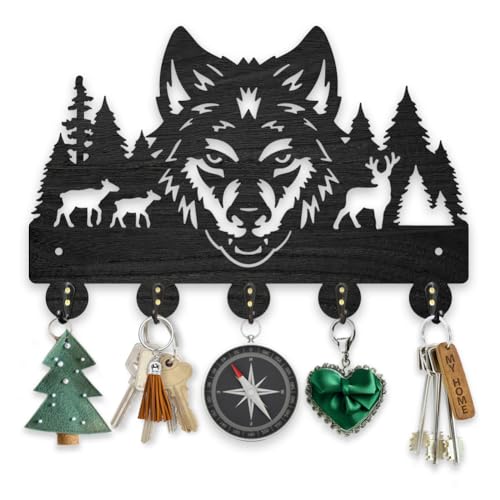 MAYJOYDIY Wolf Deer Forest Wooden Coat Hooks Wall Mount Forest Animal Tree Key Holder 5 Alloy Hooks for Entryway Kitchen Office Gift