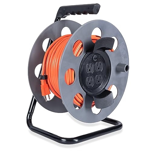IRON FORGE CABLE 75 Ft Extension Cord Reel with 4 Electrical Power Outlets & Breaker Switch - 16/3 SJTW Heavy Duty Orange Cable with 3 Prong Grounded Plug, Portable Cord Reel by IRON FORGE CABLE - Used condition - US$50.65