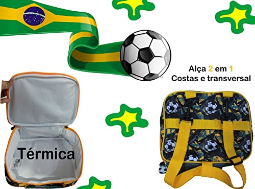 Mochila Bolsa Reforçada Escolar Infantil Menino Futebol Rodinha Cinza Costas Lancheira Térmica Estoj