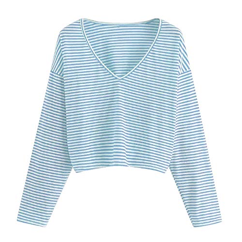 ZODOF Moda Mujer Camisa Casual Manga Larga con Cuello en v Blusa Superior Blusa Tops Camisa Mujer Raya Cuello Redondo Suelto Blusa Rojo y Top Azul Jersey Stripe Shirt Otoño Verano Navidad