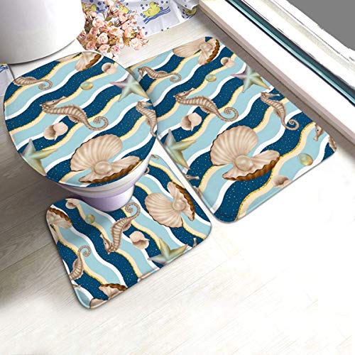 Conjuntos de alfombras de baño 3 Piezas Bubble Hippocampus Starfish Pearl Mejillón Sea Memory Foam Alfombrillas de baño Set Alfombra de baño Alfombra de Contorno Tapa Tapa Antideslizante