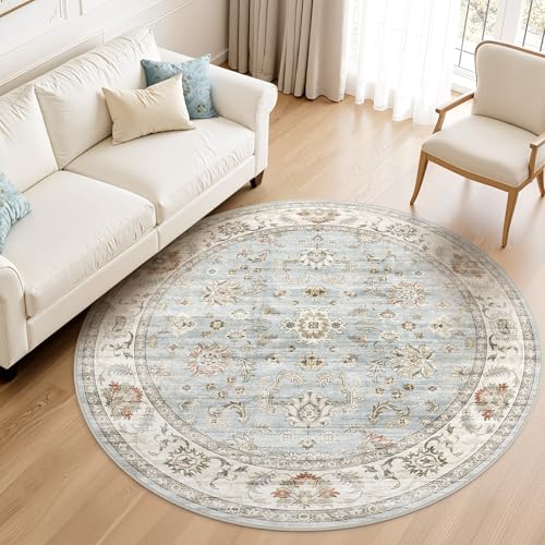 WITSHOCK Washable Round Rug 6ft Non-Slip Floral Carpet, Gray/Light Blue