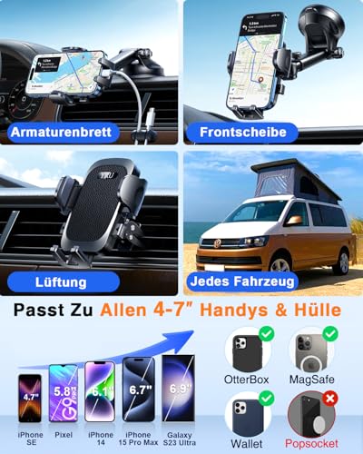 【2026 Militär-Klasse】Handyhalterung Auto Upgrade【Stärkst Saugnapf & Lüftungsclip】Handy Halterung Auto 360°Handyhalter Auto auf Armaturenbrett Scheibe für iPhone 17 16 15 14 13 Pro Max usw,Mattschwarz 2