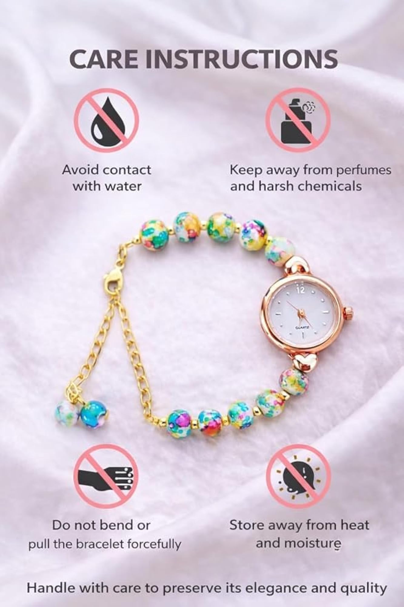 Women's Floral Beaded Quartz Bracelet Watch