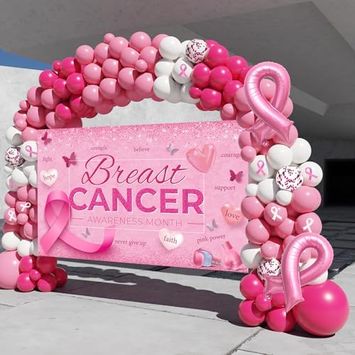 Breast Cancer Awareness Decorations,152PCS Breast Cancer Awareness Decorations Balloon Garland Arch Kit with Pink Ribbon Balloons and Large Backdrop Banner for Breast Cancer Awareness Accessories