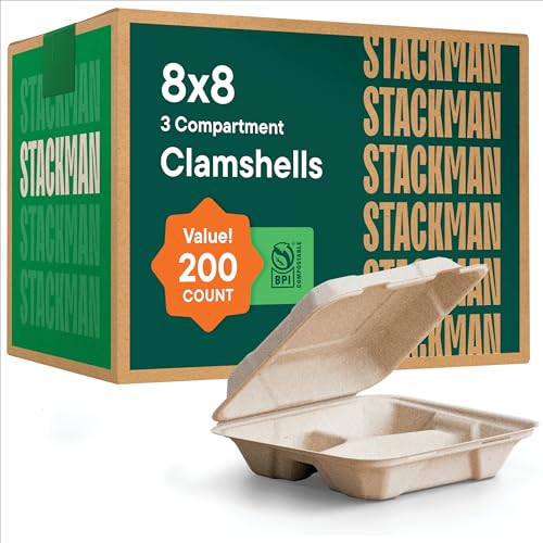 [Bulk - 200-Count] 100% Compostable to Go Containers 8x8" 3-Compartment Clamshell Take Out Food Container with Hinged Lid - Disposable Togo Plates - Eco-Friendly Takeout Box Made of Sugar Cane Bagasse by Stack Man - Used condition - US$52.42