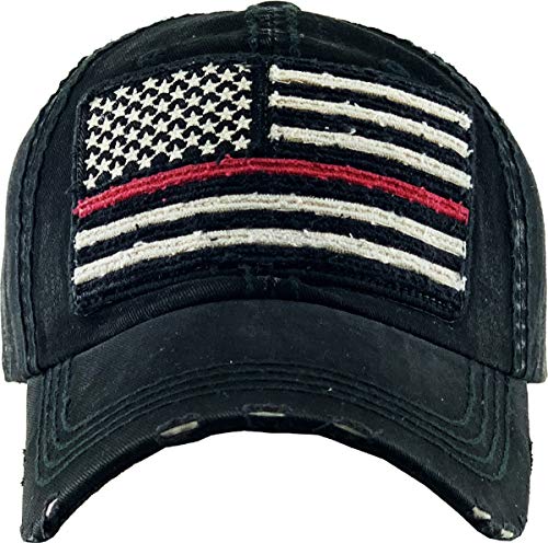 Image of KBETHOS Flag USA America Military Thin Blue Line Thin Red Line Vintage Distressed Baseball Cap Dad Hat Unisex Adjustable