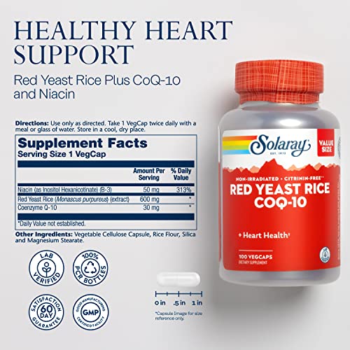 Solaray Red Yeast Rice Plus Coq-10 & No-Flush Niacin Vitamin B-3, Healthy Heart & Cardiovascular Support, Non-Irradiated & Citrinin Free, 60 Day Money Back Guarantee, 100 Servings, 100 Vegcaps #TOP1