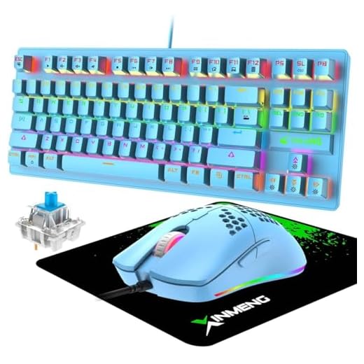 Bedraad toetsenbord en muis combinatie, 87 knop computer blauwe schakelaar machine spel toetsenbord regenbooglamp, 6400 dpi muis, compatibel met pc Windows Mac PS4 Xbox (blauw)
