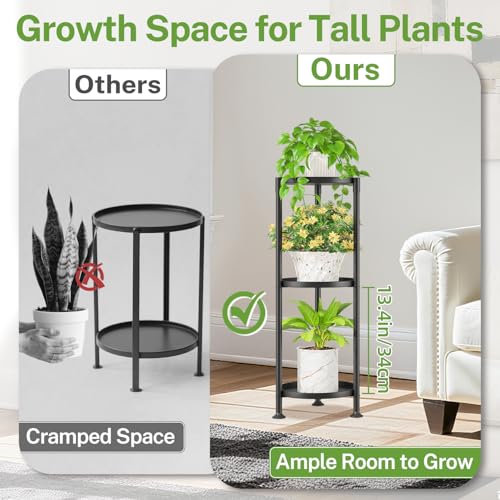 Image of iDavosic.ly 3 Tier Plant Stand Indoor with 10 Inch Wide Tray, Tiered Corner Metal Outdoor Flower Display Holder, Vertical Tall Rack for Patio Porch Living Room, Modern Black