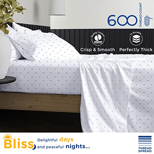 100% Cotton Printed Bed Sheets - Polka Dots - Navy Printed Queen Sheet Set - Hotel Luxury Sateen Weave Bedsheets - Deep Pockets - 600 Thread Count Breathable & Cooling Sheets For Queens Size Bed #TOP1