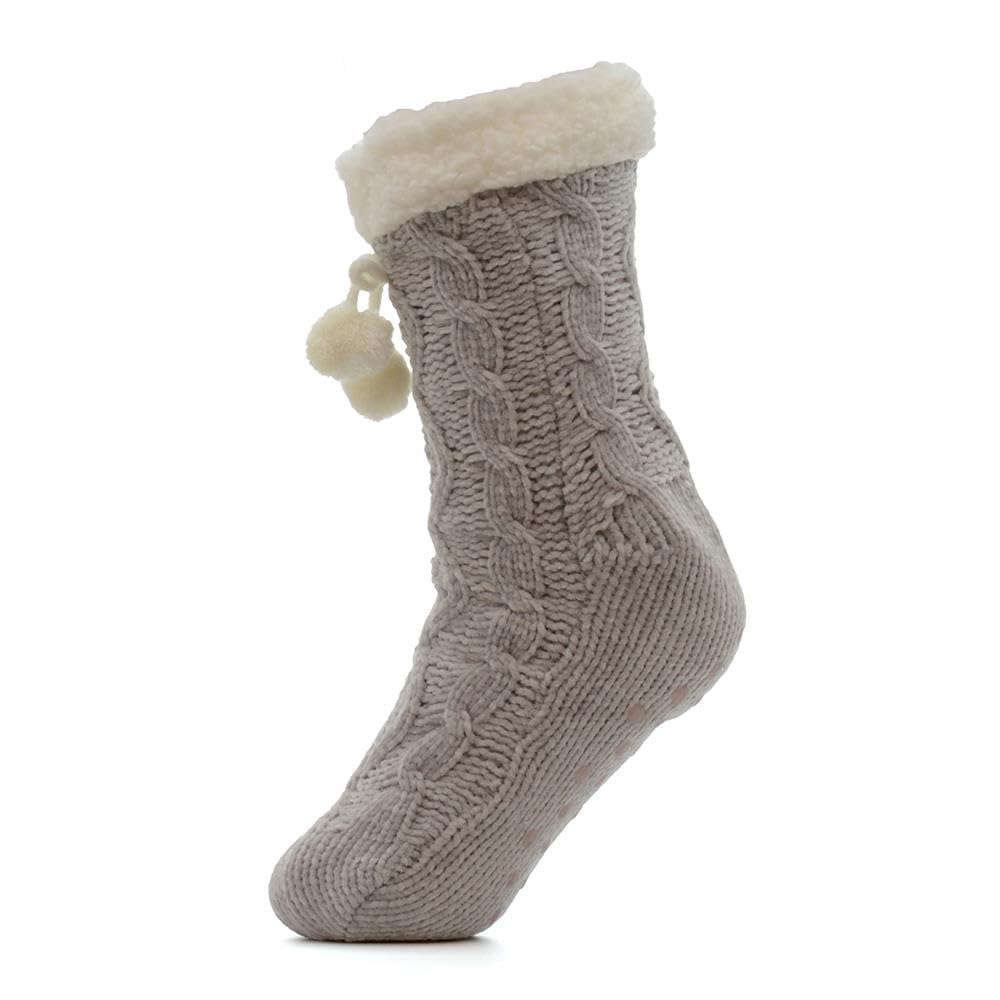 A2z Women's Grey Socks Chenille Cable Sherpa Lining Pom Pom Socks - Socks Ls947 4-8