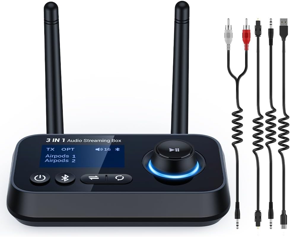 Bluetooth 5.3 Transmitter for TV Audio w. Screen Display Dual Antenna Low Latency Bluetooth Adapter Support Up to 2 BT Headphones Long Range Bluetooth Extender 3.5mm AUX/RCA/Opt Input/Output