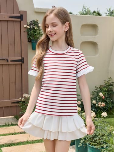 Image of Haloumoning Girls Striped Ruffle Short Sleeve T Shirts Kids Summer Crewneck Tops Casual Tees 5-14 Years