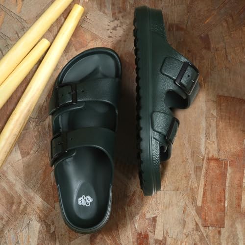 Image of Liberty A-HA COMMIT Slippers for Men - Black, Light Grey & Olive Green | Casual Slip-on Flats /Slippers Footwear - Buckle Closure | Casual Outdoor Chappal, Monsoon, Rainy Season Footwear for Man