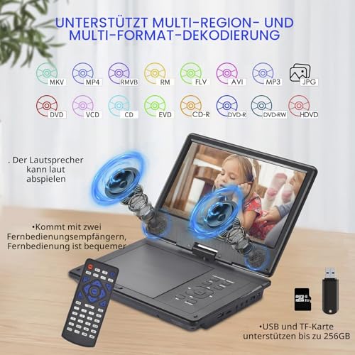 YOOHOO 12,5\ Tragbarer DVD Player Bluetooth mit 10,5\ HD Bildschirm für Kinder,für unterwegs,Auto Fernseher für kopfstütze, alle Regionen kostenlos, Wiedergabe Aller Formate MKV/MP4/WAV/CD/1080P