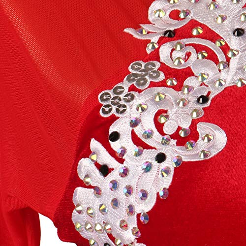 Women's Performance Latin Dance Dress Appliques Crystals Rhinestones Long Sleeve Spandex (Red,S) #TOP4