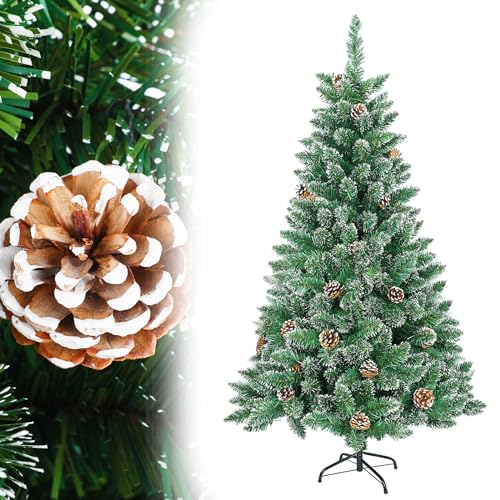 Aufun Árvore de Natal artificial em PVC, com suporte, 120 - 240 cm abeto Natal fácil montagem (150 cm, efeito neve pinhas)