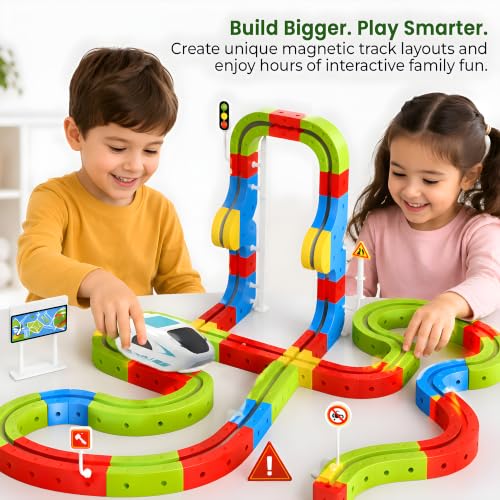 Image of Cable World Magnetic Suspended Orbit Train Track Set for Kids, 149 PCS DIY Magnetic Wall & Floor Railway Track with 1 Rechargeable Magnetic Train, USB Charging, STEM Construction Toy for Kids