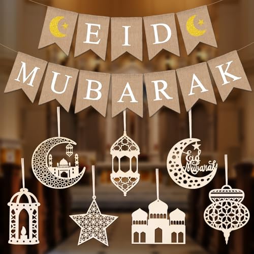 iZoeL Wooden EID Decorations for Home Burlap EID Mubarak Banner, Wooden Hanging Ornaments for Restaurant Garden Al Adha Decorations