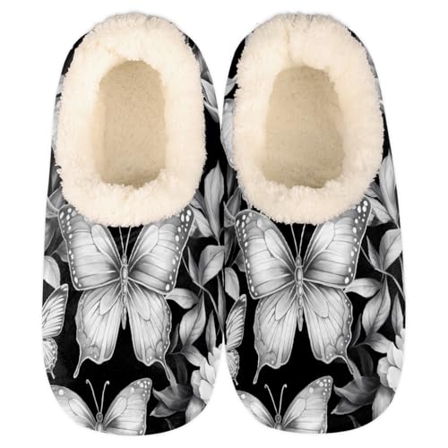 White Black Butterfly Flowers Slippers for Women Slipper Socks Soft Fuzzy House Slippers Shoes for Indoor Bedroom, Winter Cozy Christmas Gifts