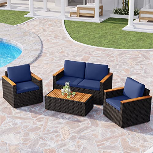 Phi Villa 4-Piece Small Outdoor Wicker Sofa Set W/Acacia Wood Coffee Table Patio Sectional Furniture Rattan Sofa Couch & Table Conversation Set With Cushion Navy Blue #TOP3