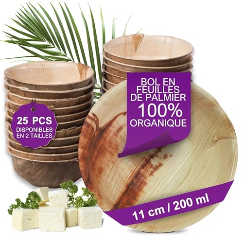 Waipur Bol Jetable en Feuille de Palmier - 25 pcs. 11 cm /200 ml - Coupelle Naturelle et Élégante - Vaiselle Chic, Résistante et au Design Unique - Petite Assiette Bois similaire - pour les Desserts
