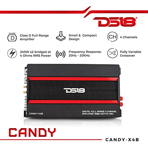 Ds18 Candy-X4B Amplifier In Black - Class D, 4 Channels, 1600 Watts Max, Digital, 2/4 Ohm - Don't Sacrifice Space For Power - Compact Mini Ampflier For Speakers In Car Audio System #TOP1