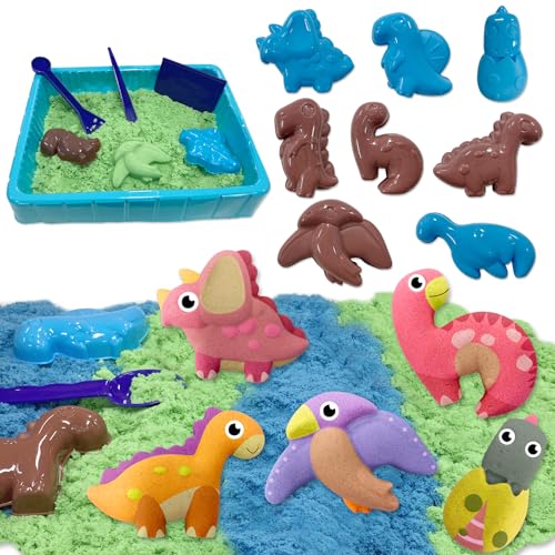 VBACALA Maleta Arena para Niños con 500g Arena Magica, Juego de 8 Moldes de Dinosaurio,Juguete Sensorial Educativo, Regalo Ideal para Niños a Partir de 3+ Años