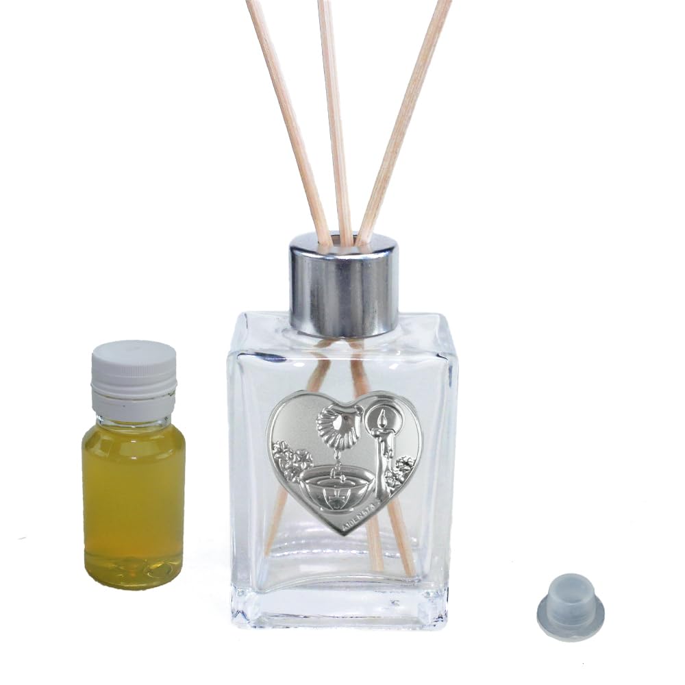 DLM 35039 (Kit 12 Pezzi) Profumatore in Vetro Icona Fonte Battesimale Candela Cuore Battesimo Diffusore bomboniera