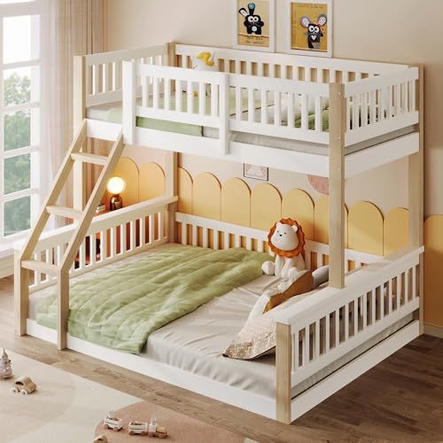 Oxtao Etagenbett 90x200cm & 140x200cm, Kinderbett Hochbett mit Leiter und Rausfallschutz, Funktionsbett Stockbett für 3 Kinder, Ohne Matratze (Weiß+Natur, 140x200CM)