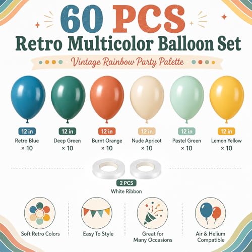 Image of Colorful Balloons, 60Pcs Retro Multicolor Balloon, 12 Inch Latex Vintage Rainbow Balloons for Baby Shower Kids Birthday Party Carnival Graduation School Event Picnic Boho Theme Party Decoration