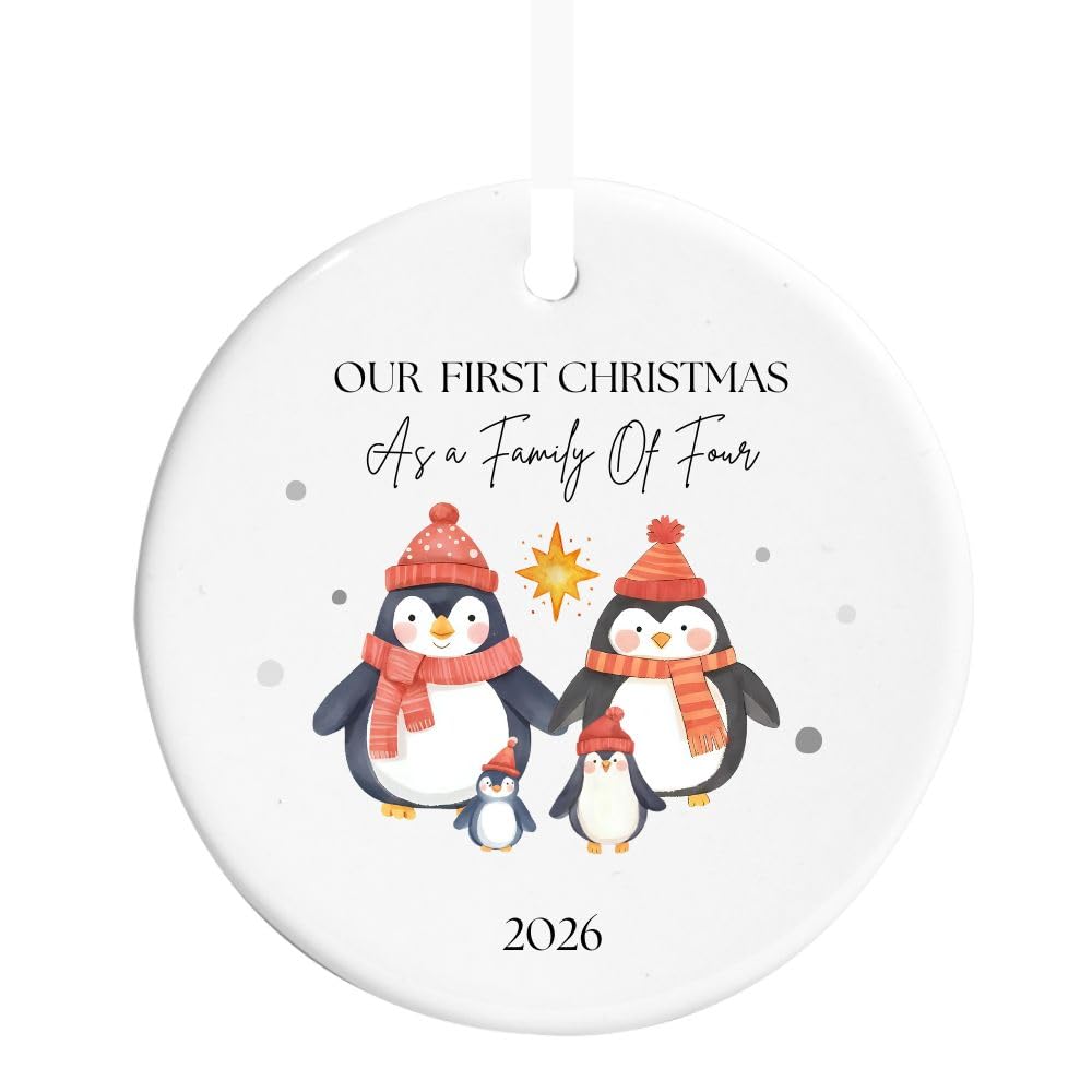 Maisie Moo Gifts Limited White Our First Christmas As A Family Of Three/Four/Five Watercolour Penguin Design Ceramic Bauble Ornament - New Parents And Baby's First (Family Of Four)