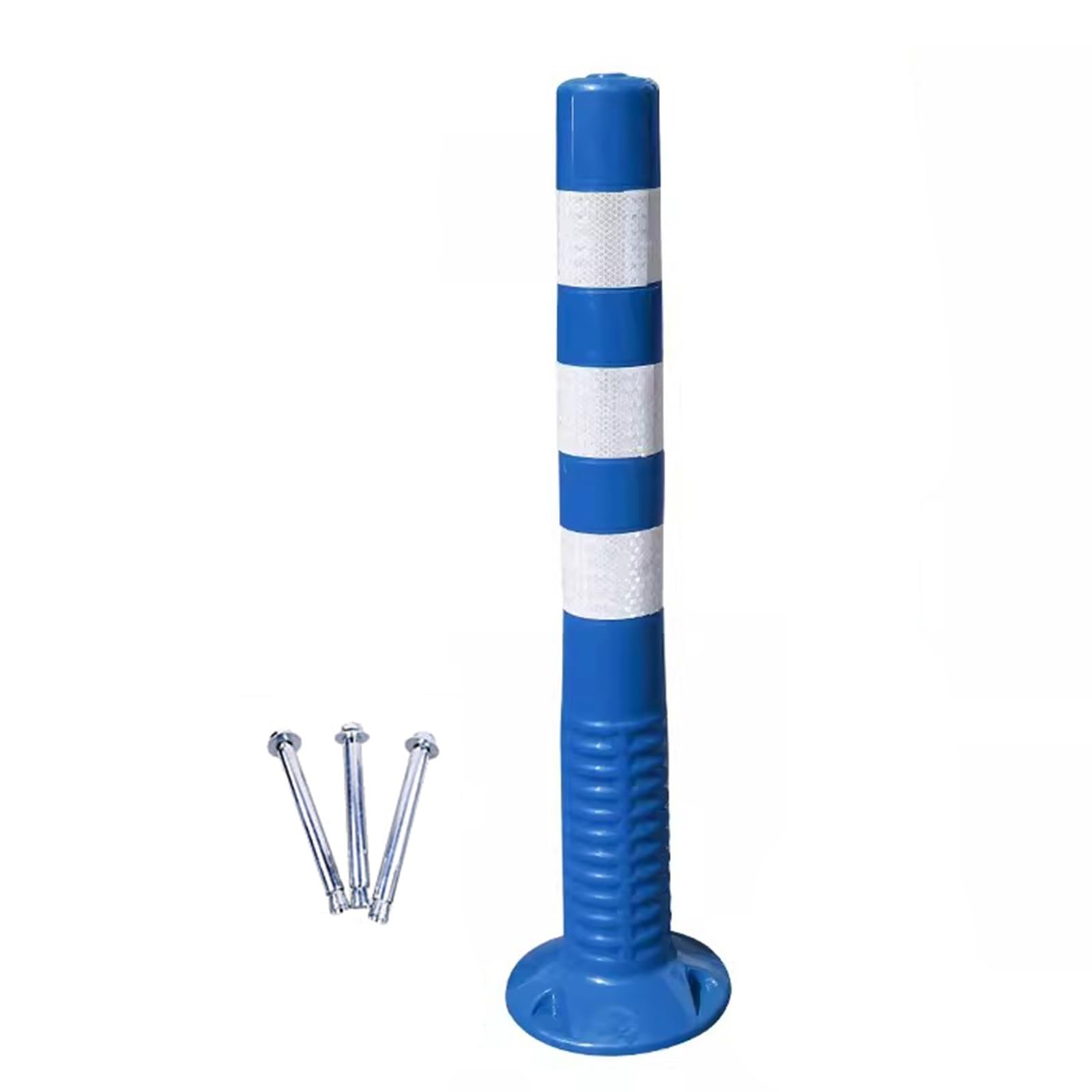 Cono de señalización flexible de construcción, poste redondo con base, bolardo reflectante de plástico para señalización de estacionamientos y control de multitudes, 75 cm de alto, azul y blanco