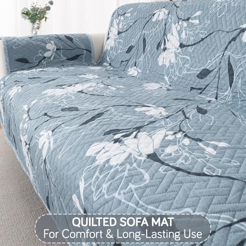 Image of HOKIPO Reversible Quilted Sofa Cover 3 Seater and 2 Seater Set, 5 Seater(3+2) Sofa Cover, Easy Drape Series, Blue Blossom (IN-1101 + IN-1100-ED1)