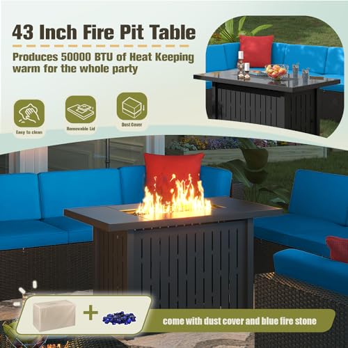 Image of Greesum Patio Furniture Sets 11-Pieces Outdoor PE Rattan Sectional Sofa w /43in Gas Fire Pit Table 55000 BTU Add Warmth to Gatherings Parties On Deck Garden Backyard,Blue