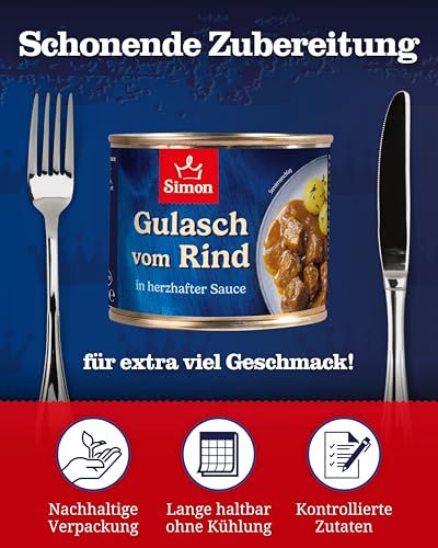 SIMON Delikatess Rindergulasch 500 g I Zartes Fleisch in herzhafter Sauce I Fertiggericht in recyclebarer Konserve I Authentische Hausmannskost