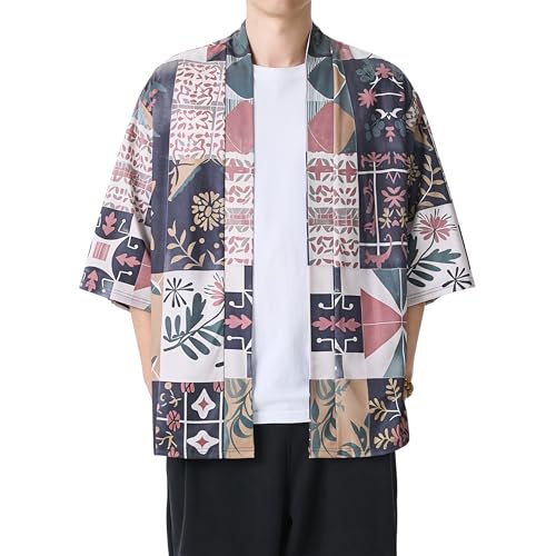 Image of PRIJOUHE Men's Japanese Kimono Cardigan Jackets Casual Long Sleeve Open Front Coat Lightweight Yukata Outwear