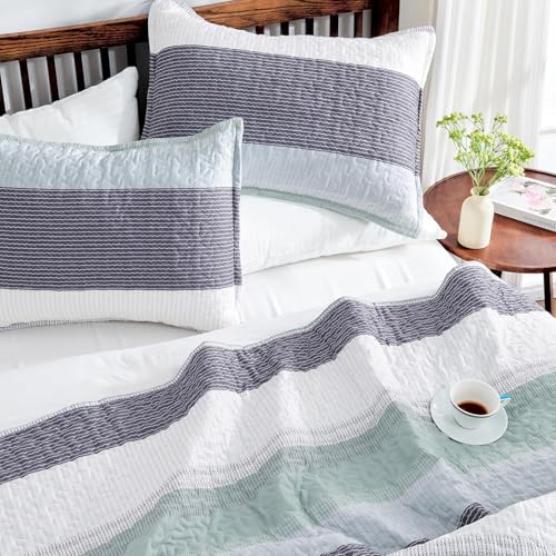 Image of Andency Oversized Queen Quilt Bedding Set, 98x98Inch Sage Green Stripe Bedspread Coverlet 3 Pieces, Soft Lightweight Mint Patchwork Quilted Bed Set for All Season (1 Quilt, 2 Pillowcases)