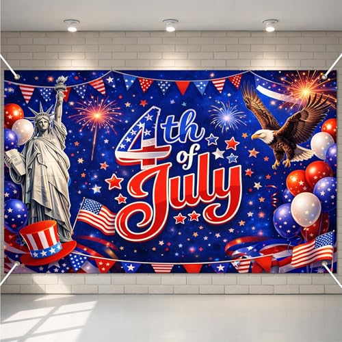 BlissYard 4th of July Banner Patriotic Banner Independence Day Decorations American Flag Bald Eagle Statue of Liberty Fireworks Patriotic Party Banner for Indoor Outdoor Home Yard Party Supplies 71x43 Inches
