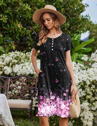 Image of Ekouaer Nightgowns for Women with Pockets Button Front Short Sleeve House Dresses Floral Print Mumu Dress