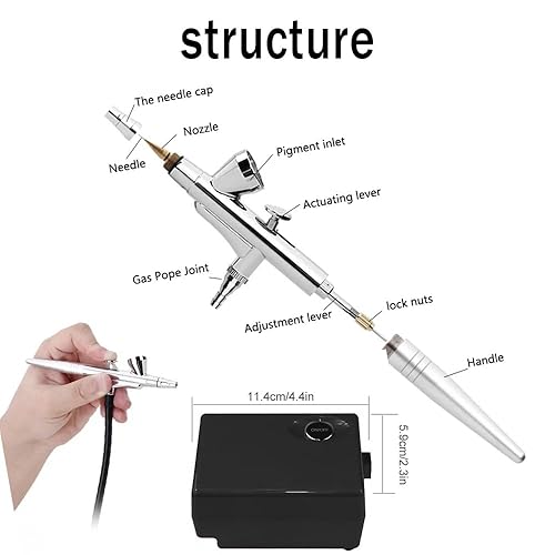 Vista 20 de Pinkiou juego de maquillaje con aerógrafo, pequeño, con compresor, kit para uñas con aerógrafo con aguja de 0.4 mm