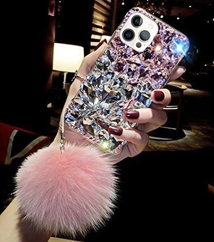 Losin Compatible with iPhone 15 Pro Max Bling Case Luxury 3D Sparkle Diamond Crystal Rhinestones for Women Girls Glitter Case with Cute Plush Furry Ball Pendant Shockproof Protective Cover, Pink