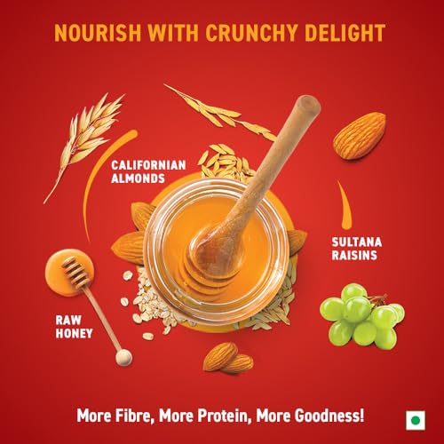 Image of Bagrry's Crunchy Muesli - 1.5kg | 83% Multigrain, Brans, Almonds, Raisins & Honey | 40% Fibre Rich Oats | High Fibre and Protein Breakfast Cereal | No Added Preservatives | Non-GMO Oats | 100% Natural | Trans Fat & Cholesterol Free