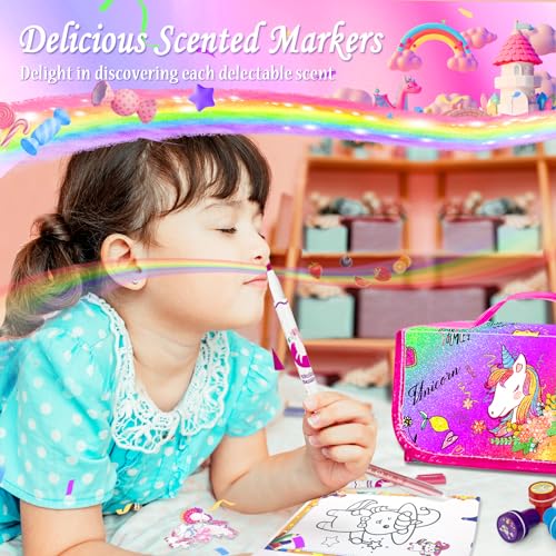 Image of weirtoya 56 PCS Washable Scented Markers with Glitter Pencil Case, Mermaid Unicorn Arts and Crafts for kids 4-6-8 Kids Coloring Drawing Kits for 4-8 Years Old Girls Xmas Gifts Stocking Stuffers